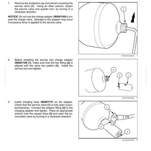 Op de afbeelding: Diagram met de oplaadprocedure van de accumulator voor een vooras. De afbeelding toont gedetailleerde stappen met genummerde componenten, waaronder een inbussleutel, een serviceklep en een laadslang. Tekstinstructies begeleiden de visuele gids.