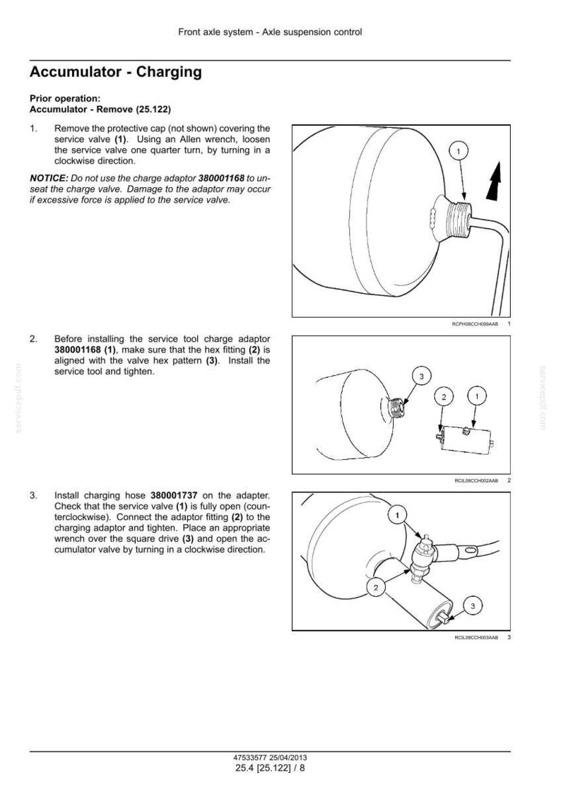 Op de afbeelding: Diagram met de oplaadprocedure van de accumulator voor een vooras. De afbeelding toont gedetailleerde stappen met genummerde componenten, waaronder een inbussleutel, een serviceklep en een laadslang. Tekstinstructies begeleiden de visuele gids.