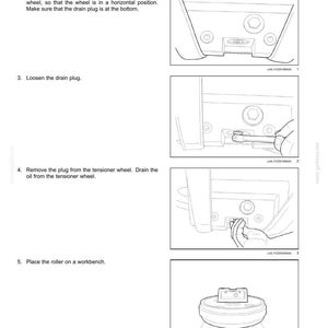 May include: Diagram of idler wheel disassembly steps. Instructions include removing dirt and grease, securing equipment, loosening the drain plug, removing the plug, and placing the roller on a workbench. The image is a technical illustration.