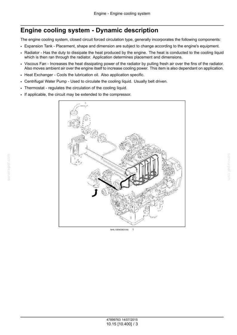 May include: Diagram of an engine cooling system, showing components like the radiator, expansion tank, and water pump. The image is a technical illustration with labels and lines, providing a detailed view of the system's layout.