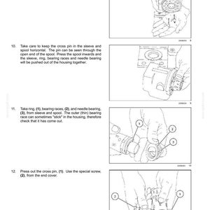 May include: Technical diagram illustrating the disassembly of hydraulic steering components. The image shows numbered steps with detailed illustrations of parts like check valve balls, pins, bearing races, and screws. Text instructions accompany each step.
