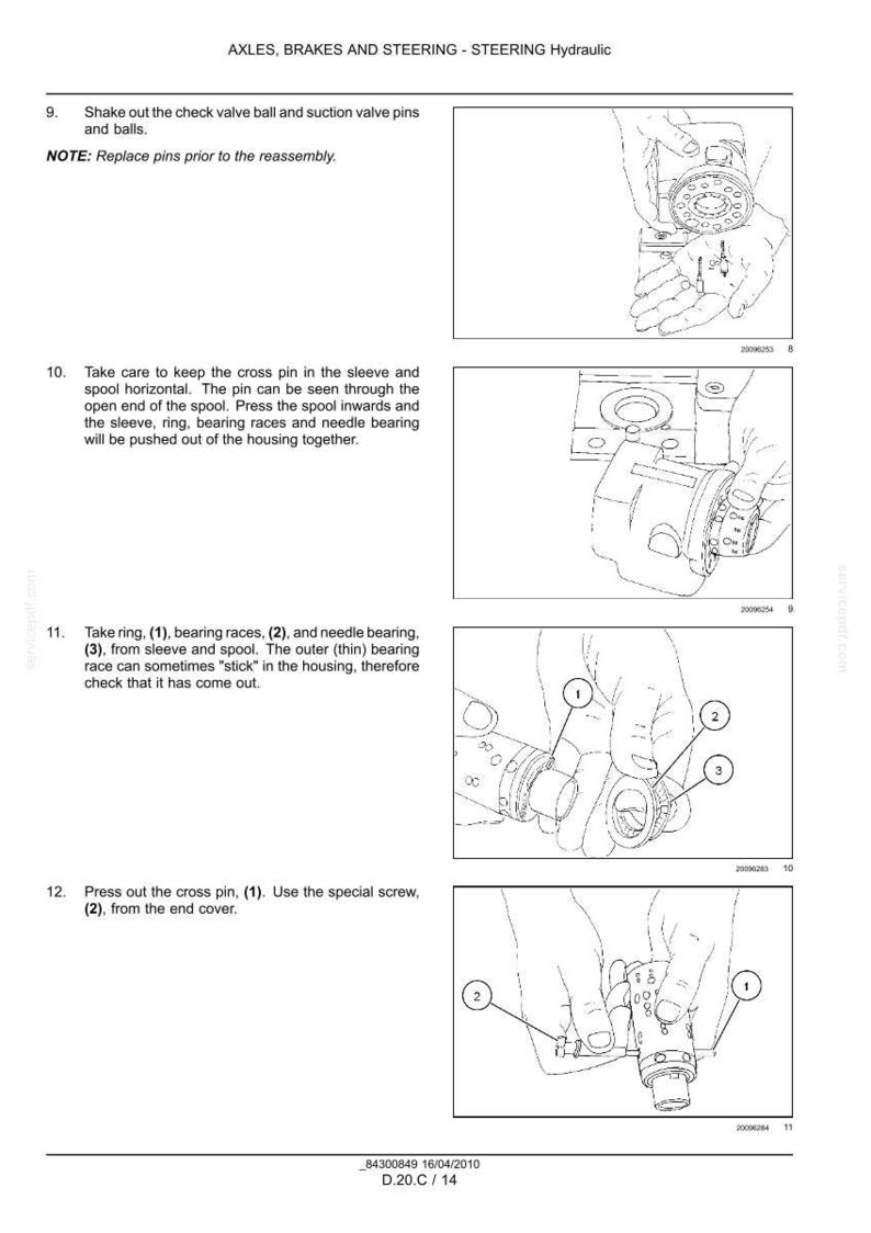 May include: Technical diagram illustrating the disassembly of hydraulic steering components. The image shows numbered steps with detailed illustrations of parts like check valve balls, pins, bearing races, and screws. Text instructions accompany each step.