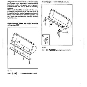 May include: Diagram of a general-purpose bucket with bolt-on teeth and a general-purpose bucket with bolted reversible cutting edge. The image includes diagrams, text, and notes about the bucket's features and specifications. The text includes the tightening torque of 10.5 daNm.