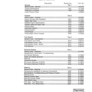 May include: A service manual for a 680L Loader Backhoe, featuring a table of contents with sections on engines, fuel systems, electrical systems, and steering. The manual includes detailed specifications and troubleshooting information.
