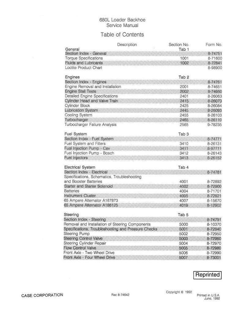 May include: A service manual for a 680L Loader Backhoe, featuring a table of contents with sections on engines, fuel systems, electrical systems, and steering. The manual includes detailed specifications and troubleshooting information.