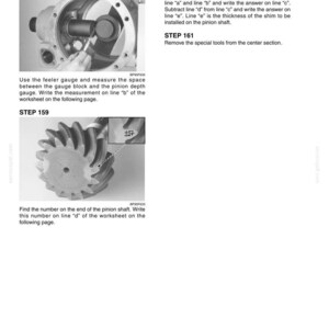 Op de afbeelding: Technische handleiding pagina met instructies voor het meten en monteren van mechanische componenten. Bevat diagrammen van tandwielen en andere onderdelen, samen met stapsgewijze instructies en metingen. De tekst bevat "STEP 158", "STEP 159", "STEP 160" en "STEP 161".