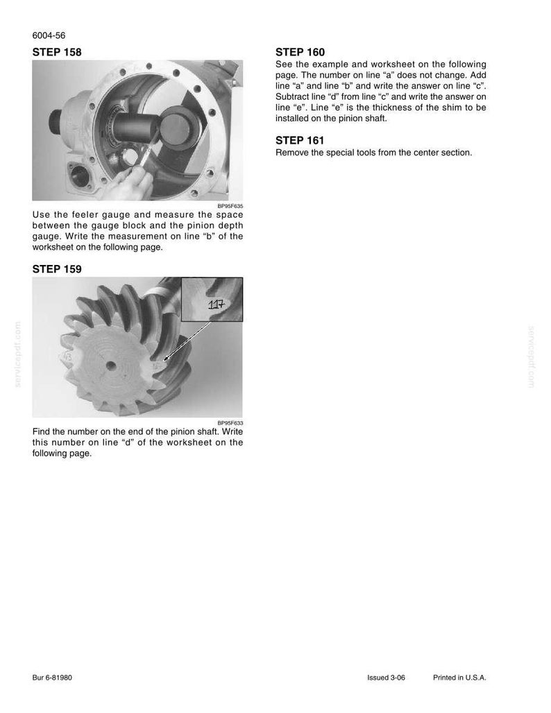 Op de afbeelding: Technische handleiding pagina met instructies voor het meten en monteren van mechanische componenten. Bevat diagrammen van tandwielen en andere onderdelen, samen met stapsgewijze instructies en metingen. De tekst bevat "STEP 158", "STEP 159", "STEP 160" en "STEP 161".