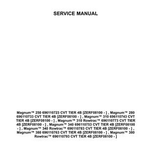Puede incluir: Sobre un fondo blanco, el logotipo de Case IH Agriculture en rojo y negro, con la inscripci&oacute;n &laquo; SERVICE MANUAL &raquo; debajo. La parte inferior de la imagen enumera varios modelos Magnum y sus especificaciones.