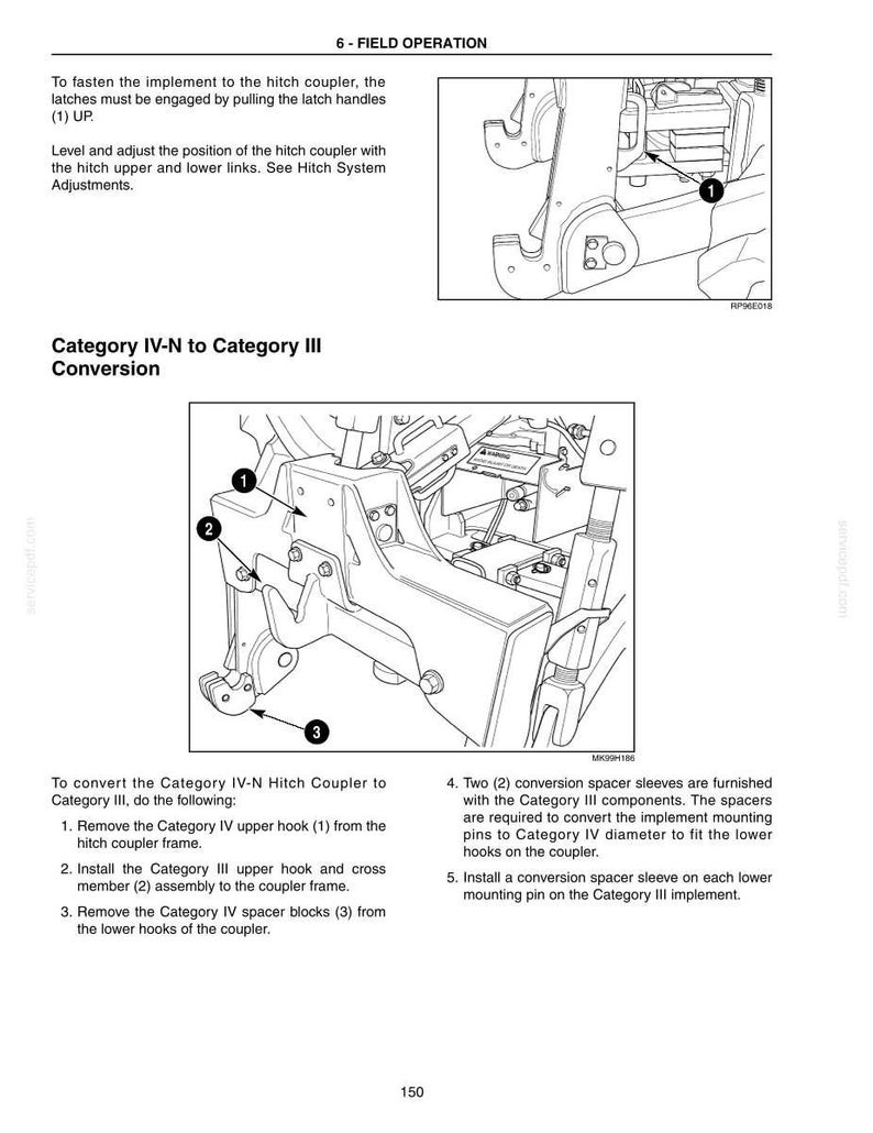 Pu&ograve; includere: Una pagina di manuale tecnico intitolata 6-FIELD OPERATION che mostra un disegno al tratto in bianco e nero di un gancio di traino per trattore. Il diagramma illustra il processo di conversione da categoria IV-N a III con parti 1, 2 e 3.