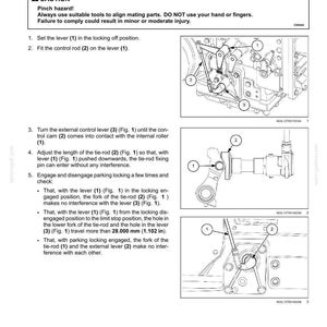 May include: Diagram of parking brake or parking lock adjustment on a transmission. Includes instructions and illustrations for setting the lever, fitting the control rod, and adjusting the tie-rod. Text includes a caution about pinch hazards.