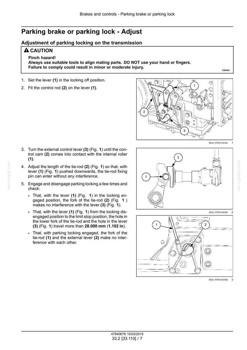 May include: Diagram of parking brake or parking lock adjustment on a transmission. Includes instructions and illustrations for setting the lever, fitting the control rod, and adjusting the tie-rod. Text includes a caution about pinch hazards.