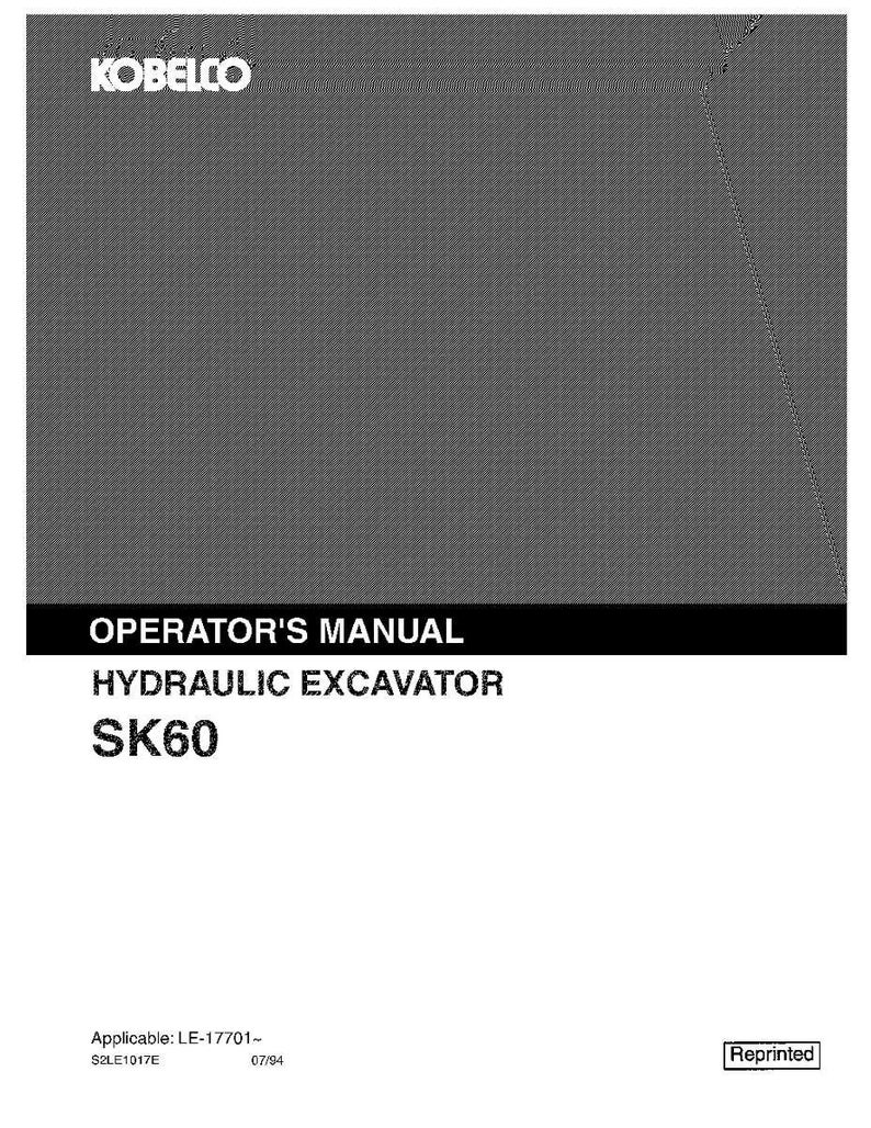 May include: A gray and white operator's manual for a Kobelco SK60 hydraulic excavator. The cover features the text KOBELCO, OPERATOR'S MANUAL, HYDRAULIC EXCAVATOR, SK60, Applicable: LE-17701-, S2LE1017E, 07/94, and the word Reprinted in a small box.