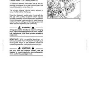 May include: A technical manual page titled SECTION 2 - OPERATION, detailing the SWINGING DRAWBAR. It includes instructions for storage and working positions, safety warnings, and a line drawing showing components labeled 1, 2, 3, and 4.