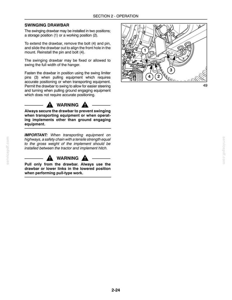 May include: A technical manual page titled SECTION 2 - OPERATION, detailing the SWINGING DRAWBAR. It includes instructions for storage and working positions, safety warnings, and a line drawing showing components labeled 1, 2, 3, and 4.