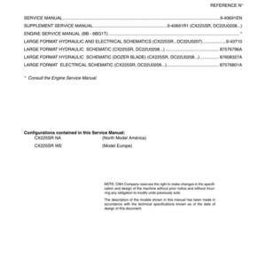 May include: A white document with the title "CX225SR Crawler excavator" and a table of contents. The document includes service manuals, schematics, and model configurations for North America and Europe. Copyright 2006 CNH France S.A.