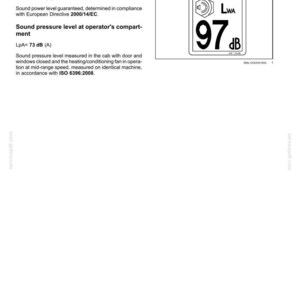 May include: A white document with safety information, including noise emission levels. The image features a graphic with the text "LWA 97 dB" in a black and white design. The document also includes text about sound power levels.