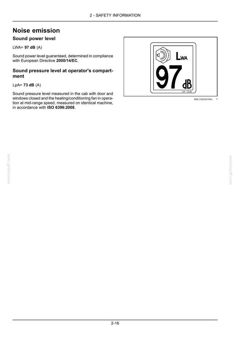 May include: A white document with safety information, including noise emission levels. The image features a graphic with the text "LWA 97 dB" in a black and white design. The document also includes text about sound power levels.