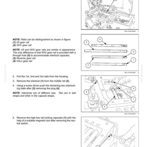 Puede incluir: Diagrama de componentes internos de la caja de cambios, que detalla el desmontaje de los ra&iacute;les de engranajes. Incluye ilustraciones de pasadores, horquillas y enclavamientos. Texto con instrucciones, con medidas en cm.