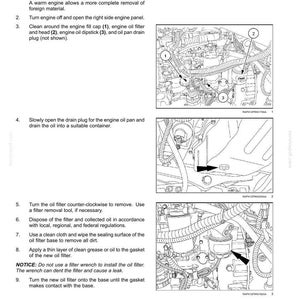 K&ouml;nnte beinhalten: Diagramm der Wartungsanweisungen f&uuml;r den Motor. Das Bild zeigt detaillierte Illustrationen von Motorkomponenten, einschlie&szlig;lich &Ouml;lfilter, Einf&uuml;lldeckel und Ablassschraube. Der Text liefert Schritt-f&uuml;r-Schritt-Anleitungen f&uuml;r den &Ouml;l- und Filterwechsel.