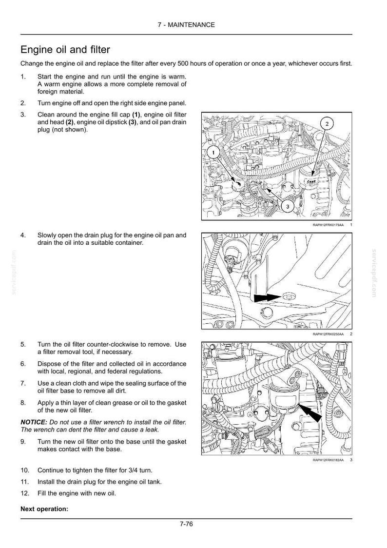 K&ouml;nnte beinhalten: Diagramm der Wartungsanweisungen f&uuml;r den Motor. Das Bild zeigt detaillierte Illustrationen von Motorkomponenten, einschlie&szlig;lich &Ouml;lfilter, Einf&uuml;lldeckel und Ablassschraube. Der Text liefert Schritt-f&uuml;r-Schritt-Anleitungen f&uuml;r den &Ouml;l- und Filterwechsel.