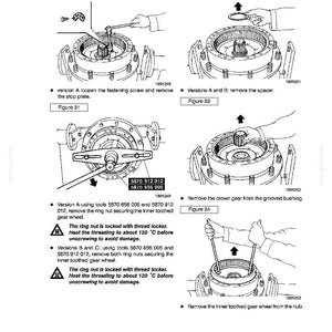May include: Technical diagram from a handbook showing rear axle assembly and disassembly steps. Illustrations include figures with arrows pointing to specific parts and tools. Text provides instructions for removing components like the stop plate and inner toothed gear wheel.