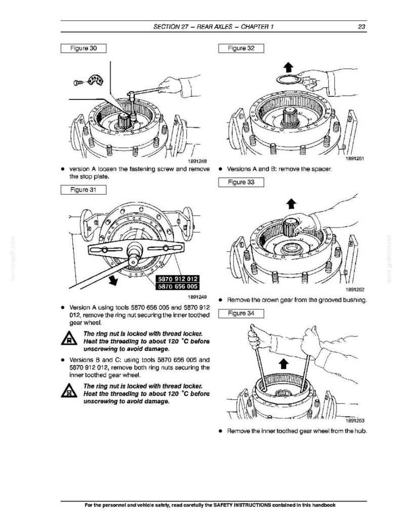 May include: Technical diagram from a handbook showing rear axle assembly and disassembly steps. Illustrations include figures with arrows pointing to specific parts and tools. Text provides instructions for removing components like the stop plate and inner toothed gear wheel.