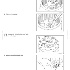 May include: Diagrams showing the disassembly of hydrostatic drive pump and motor components. The images detail steps such as removing gears, bushings, plugs, and O-rings. Text provides instructions and a note about the flushing spool valve.