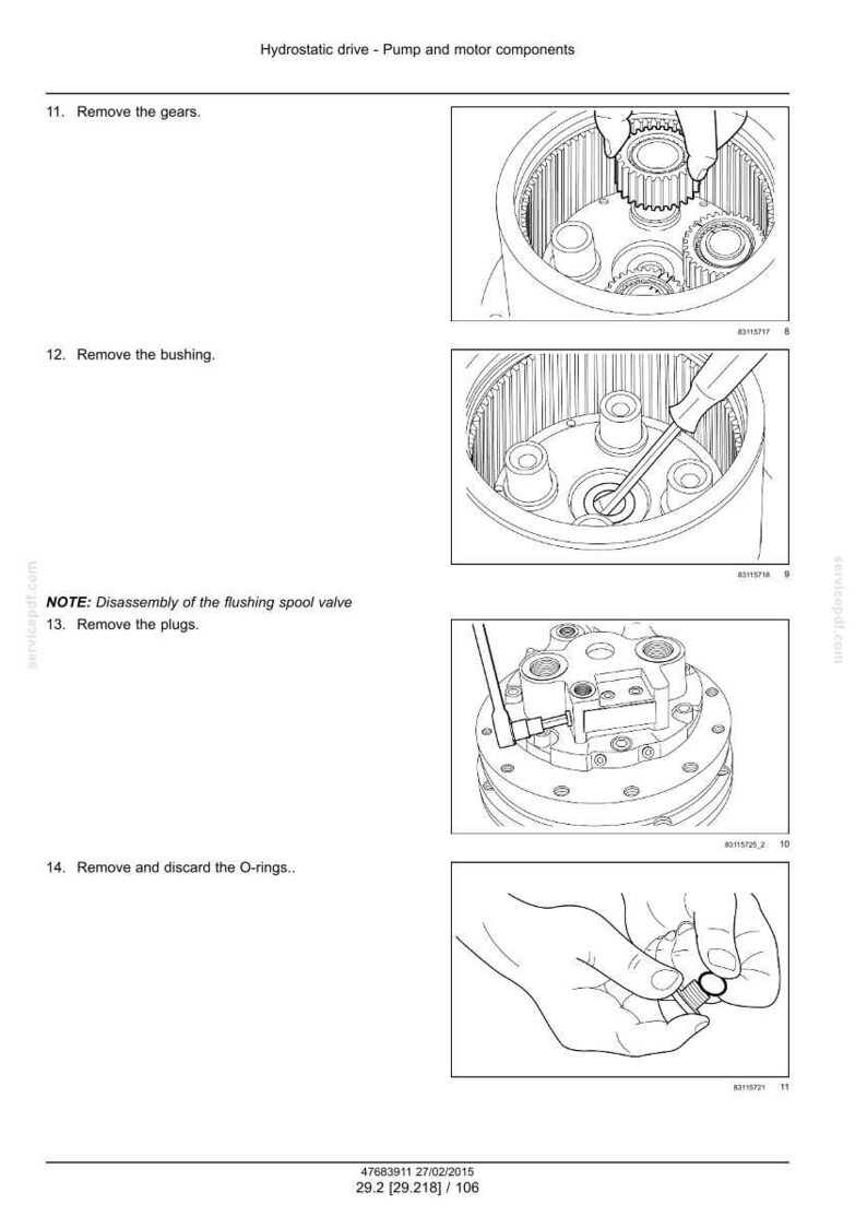 May include: Diagrams showing the disassembly of hydrostatic drive pump and motor components. The images detail steps such as removing gears, bushings, plugs, and O-rings. Text provides instructions and a note about the flushing spool valve.
