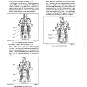 May include: Diagrams of hydraulic components with labels and annotations. The images show cross-sectional views of valves and levers, illustrating their operation in different positions. Text explains the function of each part.
