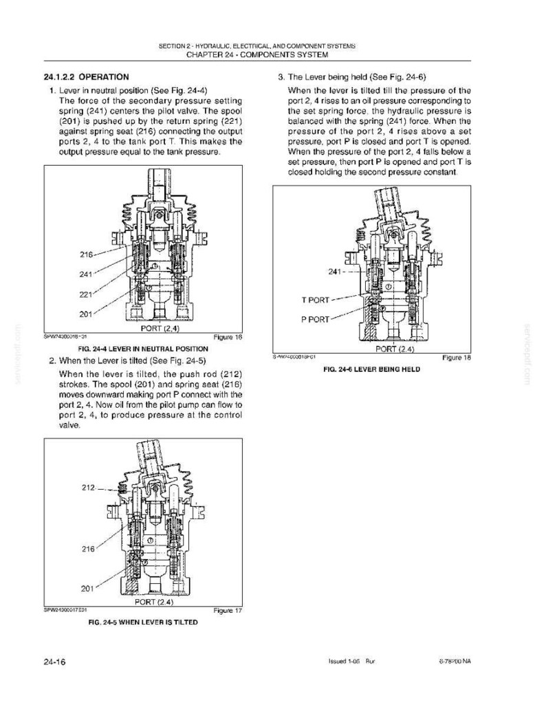 May include: Diagrams of hydraulic components with labels and annotations. The images show cross-sectional views of valves and levers, illustrating their operation in different positions. Text explains the function of each part.