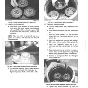 May include: A technical manual page titled Section 3 Disassembly and Assembly Chapter 34 Travel System, featuring four black and white photographs showing the assembly of planetary gears, thrust washers, and hexagon head screws with torque specifications.