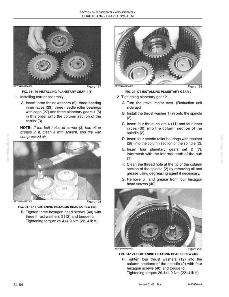 May include: A technical manual page titled Section 3 Disassembly and Assembly Chapter 34 Travel System, featuring four black and white photographs showing the assembly of planetary gears, thrust washers, and hexagon head screws with torque specifications.