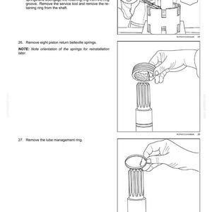 May include: Diagram of transmission components, including a compression sleeve, piston return belleville springs, and a lube management ring. The image shows the steps for disassembly and reassembly of the parts.