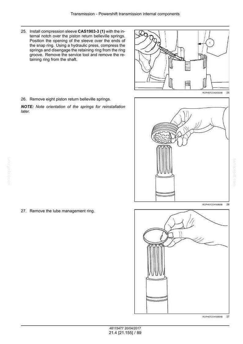 May include: Diagram of transmission components, including a compression sleeve, piston return belleville springs, and a lube management ring. The image shows the steps for disassembly and reassembly of the parts.