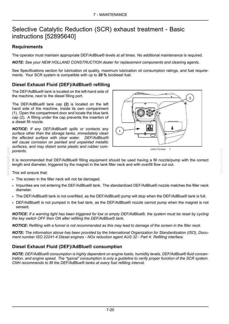 May include: A technical document page titled Selective Catalytic Reduction (SCR) exhaust treatment - Basic instructions [52895640]. It includes text regarding DEF/AdBlue refilling and consumption, plus a line drawing diagram of a tank.