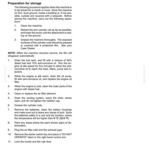 Puede incluir: P&aacute;gina de un manual de mantenimiento con instrucciones para preparar una m&aacute;quina para su almacenamiento. Los procedimientos incluyen limpieza, drenaje de fluidos, engrase de piezas y aplicaci&oacute;n de una etiqueta "NO OPERAR". Texto negro sobre fondo blanco.