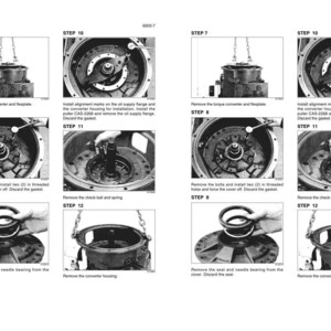 May include: A technical manual page titled 6003-7 featuring black and white instructional photographs for mechanical assembly. The images detail steps 7 through 12, showing the removal and installation of a torque converter, flexplate, and housing.
