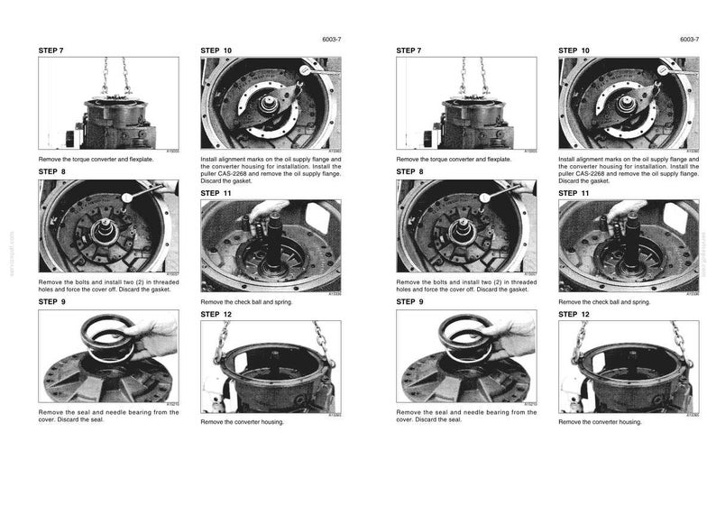 May include: A technical manual page titled 6003-7 featuring black and white instructional photographs for mechanical assembly. The images detail steps 7 through 12, showing the removal and installation of a torque converter, flexplate, and housing.