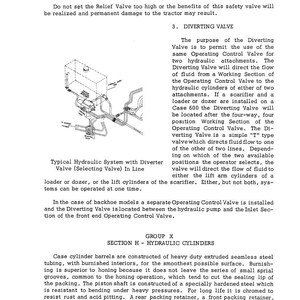 May include: Diagram of a hydraulic system with a diverter valve, including text describing its function and components. The image also details hydraulic cylinders and their construction.