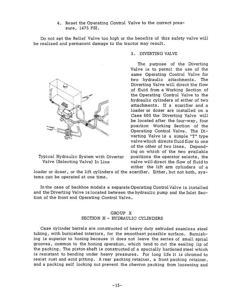 May include: Diagram of a hydraulic system with a diverter valve, including text describing its function and components. The image also details hydraulic cylinders and their construction.