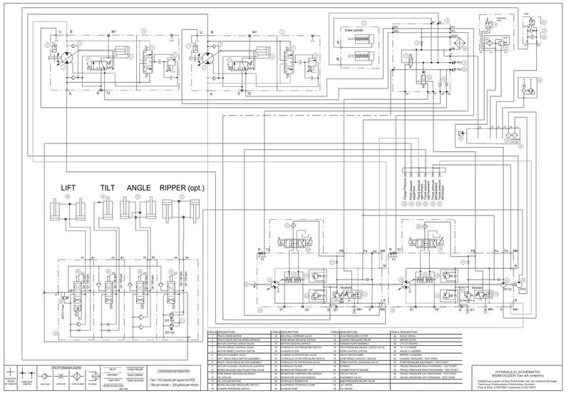 May include: Detailed engineering schematic with interconnected lines, symbols, and text. The diagram includes sections labeled "LIFT," "TILT," "ANGLE," and "RIPPER (opt.)." The layout is on a white background, with black lines and text.