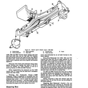 May include: Diagram of a heavy-duty front axle for tractors, with labeled components including the center beam, beam extension, and stub axle. The image includes text with instructions for maintenance and repair.