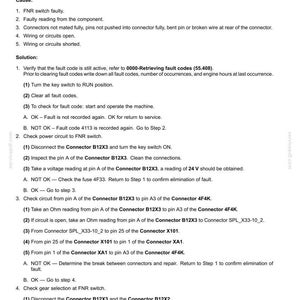 May include: A document titled "Electrical systems - FAULT CODES" with troubleshooting steps for a "4113-Logical error at FNR switch." Includes causes, solutions, and connector diagrams. Text is in black on a white background.