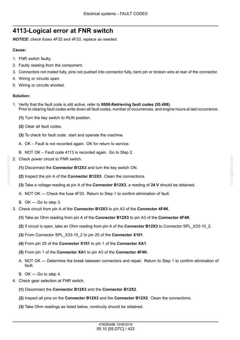 May include: A document titled "Electrical systems - FAULT CODES" with troubleshooting steps for a "4113-Logical error at FNR switch." Includes causes, solutions, and connector diagrams. Text is in black on a white background.