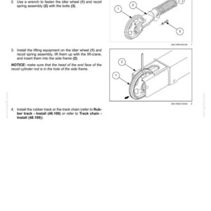 May include: Diagram of track tension units installation, including idler wheel, recoil spring assembly, and bolts. Instructions detail the steps for installing the components, with numbered labels pointing to each part. Text includes "Track tension units - Install".