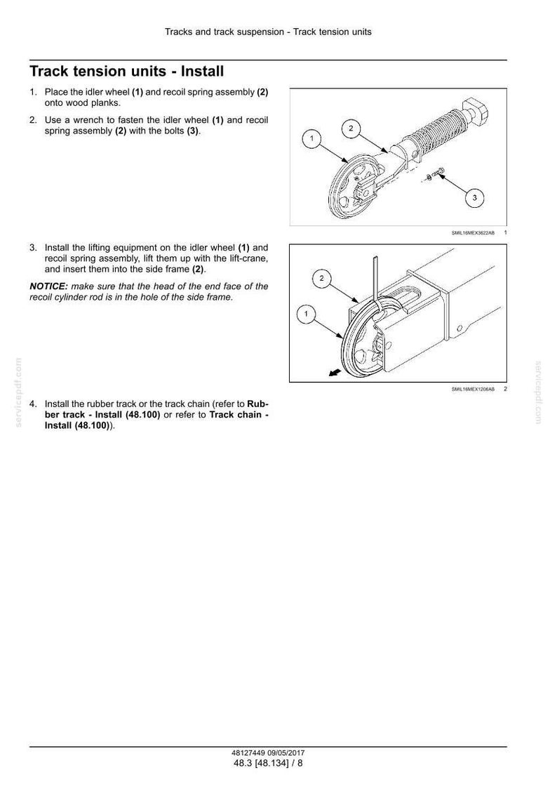May include: Diagram of track tension units installation, including idler wheel, recoil spring assembly, and bolts. Instructions detail the steps for installing the components, with numbered labels pointing to each part. Text includes "Track tension units - Install".