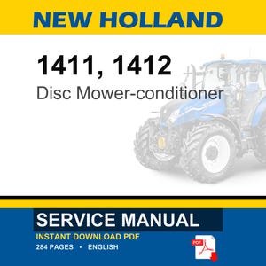 May include: A service manual for New Holland 1411 and 1412 disc mower-conditioners. The cover features a blue tractor, yellow and white branding, and text indicating 284 pages in English. A red PDF icon is visible at the bottom right corner.