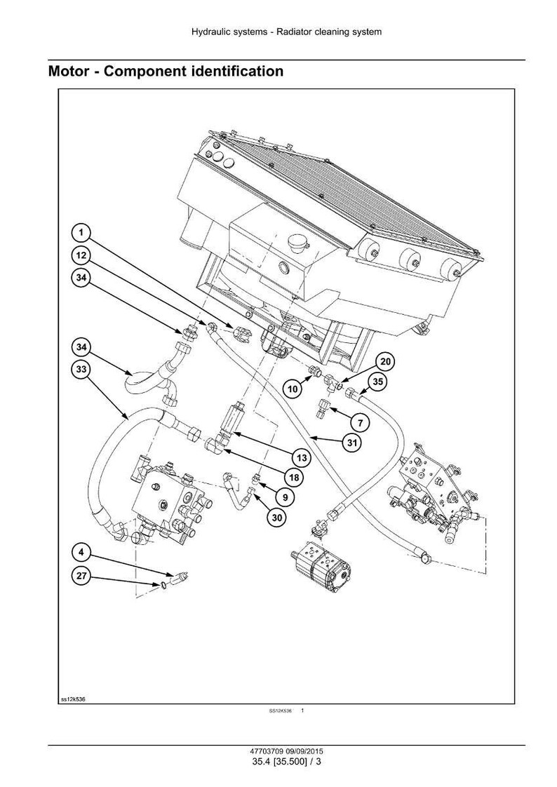 May include: Diagram of a hydraulic system for radiator cleaning, labeled "Motor - Component identification." The diagram includes various components, such as pipes, valves, and a motor, with numbered labels for identification. The image is a technical illustration.