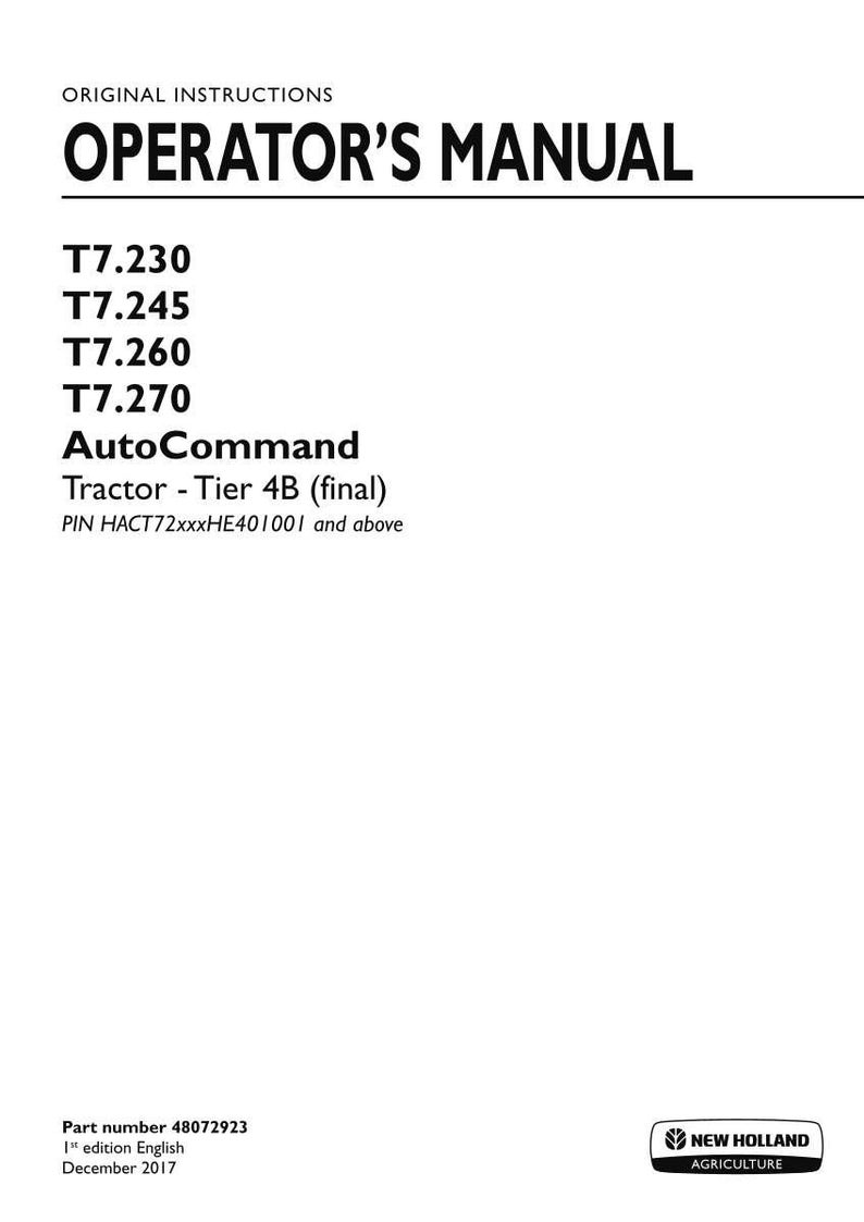 New Holland T7.230, T7.245, T7.260, T7.270 AutoCommand Tier 4B (final) Tractor Operator Owners Operation Manual | Instant Pdf Download image 3