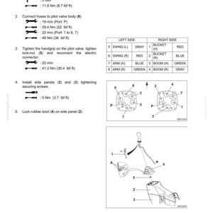 May include: Diagram of a pilot valve installation with labeled parts and torque specifications. Includes diagrams of the valve body, hoses, and side panels. Text includes measurements in inches and foot-pounds.